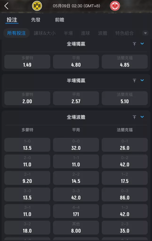 2026年05月 09日 德甲 多特蒙德 vs 法蘭克福 賠率