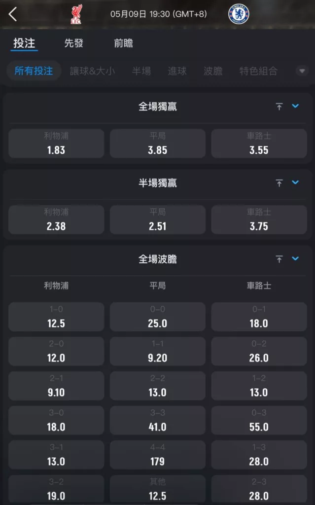 2026年05月 09日 英超 利物浦 vs 切爾西 賠率